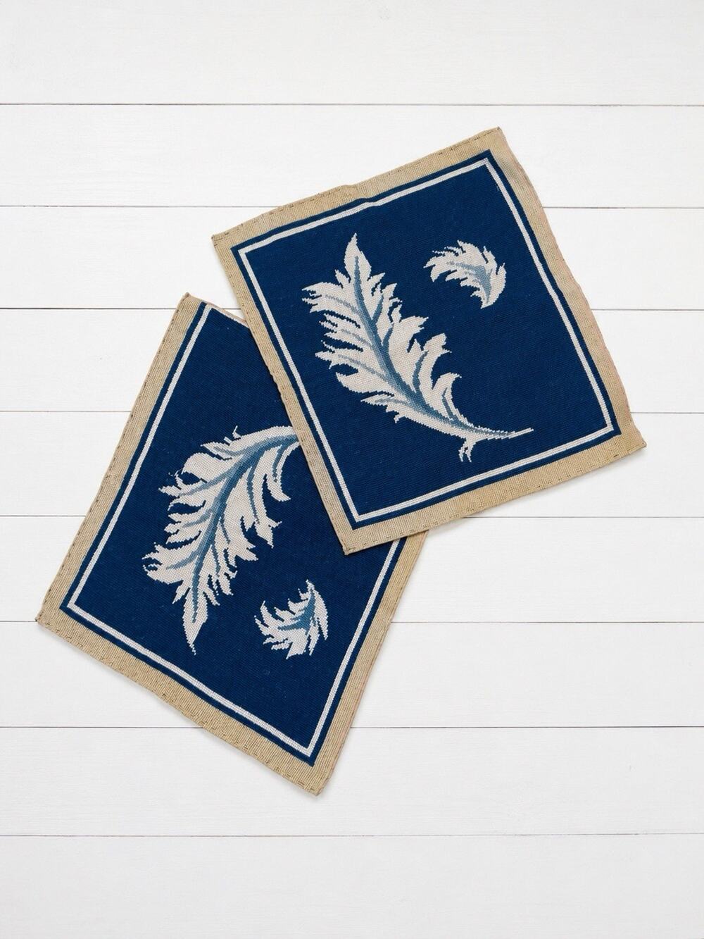 Antique Needlepoint Canvas Pair Blue Cream Feather Motif Pillow Chair Seat